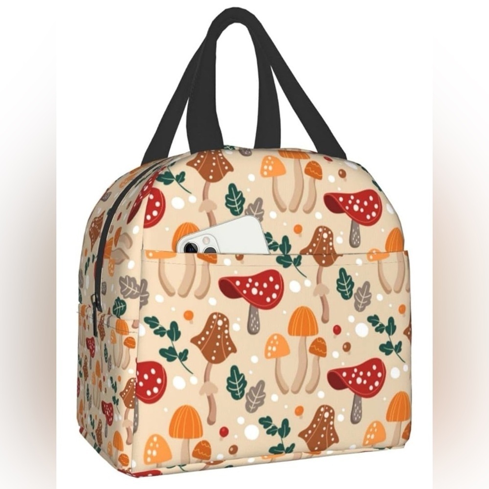 Insulated Lunch Picnic Bag Mushroom Print Red Beige Orange Lunchbox Cooler Tote - Picture 1 of 14